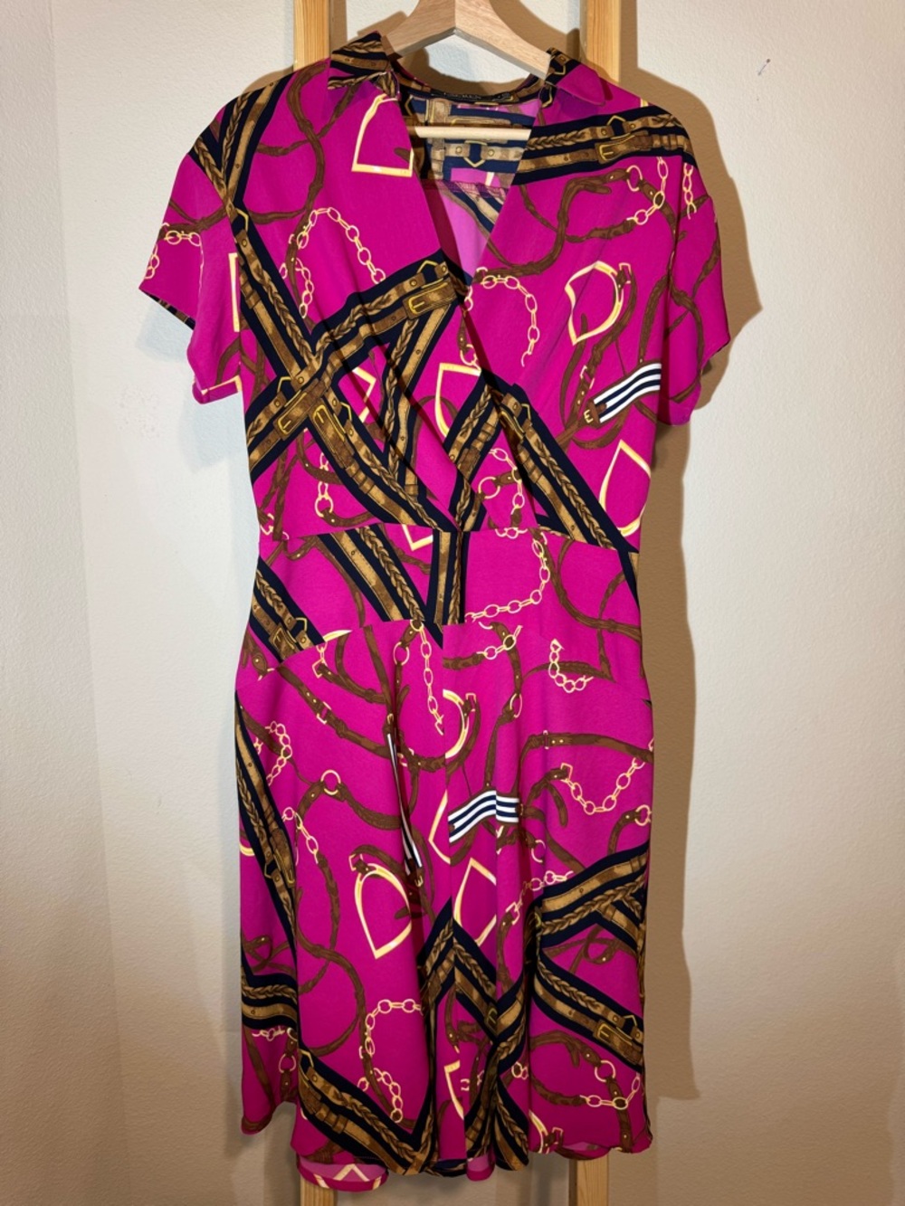 Lauren Ralph Lauren Equestrian Belt & Chain Print Crepe Wrap Dress - Pink